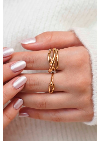 Zincir ve Halka Tasarım Altın Kadın Çelik Yüzük Seti – 2'li fırsatları