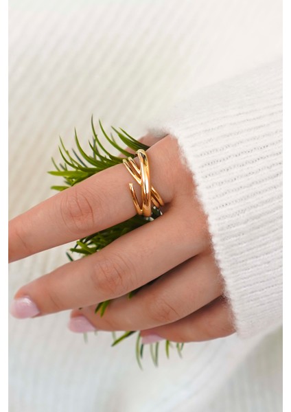 Zincir ve Halka Tasarım Altın Kadın Çelik Yüzük Seti – 2'li indirimleri