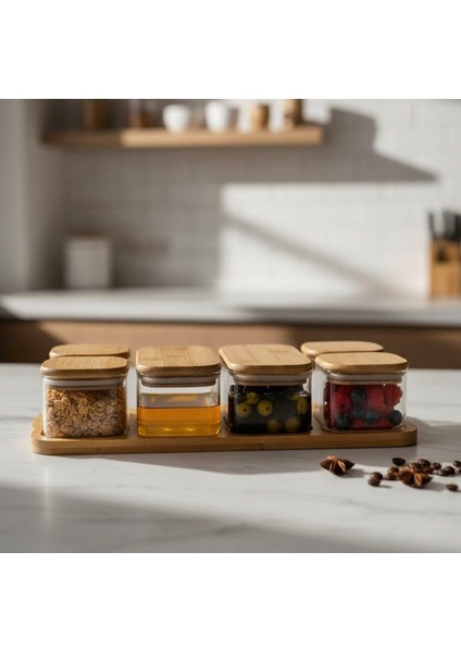6’lı Bambu Kapaklı Borosilikat Cam Saklama Kabı Seti – 4X240 ml & 2X480 Ml, Doğal Bambu Tepsili, 19X40 cm