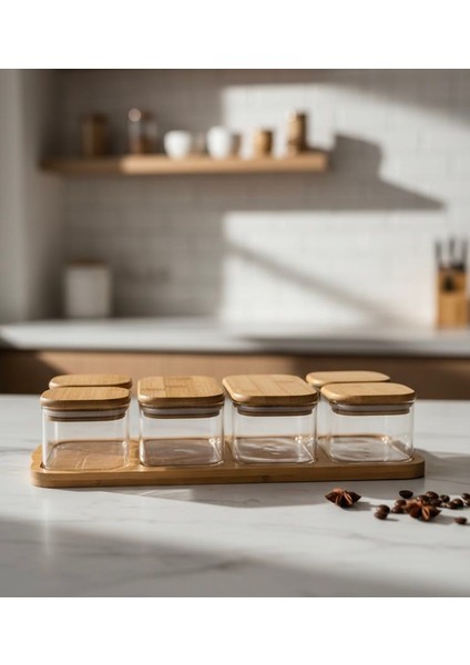 6’lı Bambu Kapaklı Borosilikat Cam Saklama Kabı Seti – 4X240 ml & 2X480 Ml, Doğal Bambu Tepsili, 19X40 cm modelleri