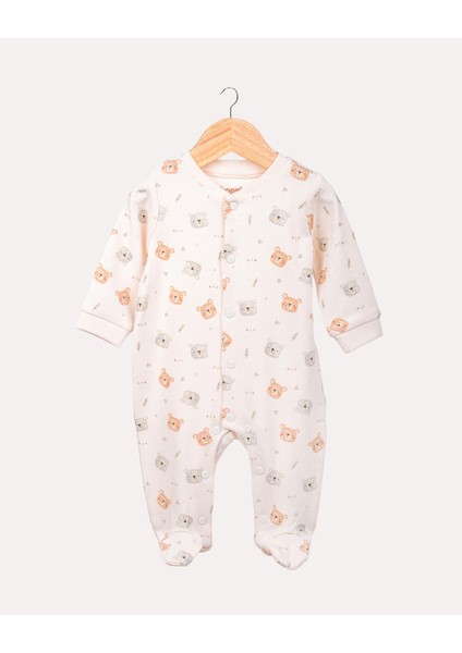 %100 Organik Pamuk Gots Sertifikalı Patikli Çıtçıtlı Teddy Bebek & Yenidoğan Tulum - Ekru / Ayıcık Desenli