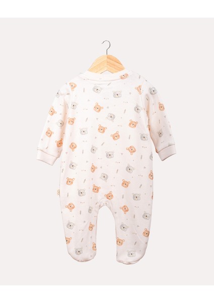 %100 Organik Pamuk Gots Sertifikalı Patikli Çıtçıtlı Teddy Bebek & Yenidoğan Tulum - Ekru / Ayıcık Desenli fiyatları