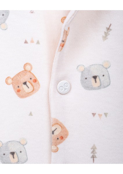 %100 Organik Pamuk Gots Sertifikalı Patikli Çıtçıtlı Teddy Bebek & Yenidoğan Tulum - Ekru / Ayıcık Desenli fırsatları