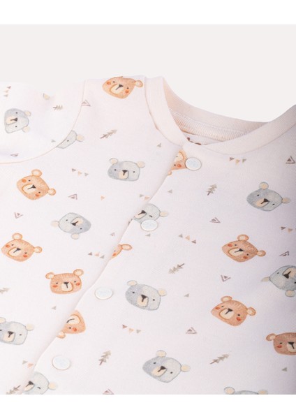 %100 Organik Pamuk Gots Sertifikalı Patikli Çıtçıtlı Teddy Bebek & Yenidoğan Tulum - Ekru / Ayıcık Desenli