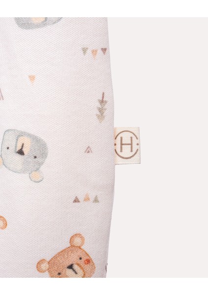 %100 Organik Pamuk Gots Sertifikalı Patikli Çıtçıtlı Teddy Bebek & Yenidoğan Tulum - Ekru / Ayıcık Desenli