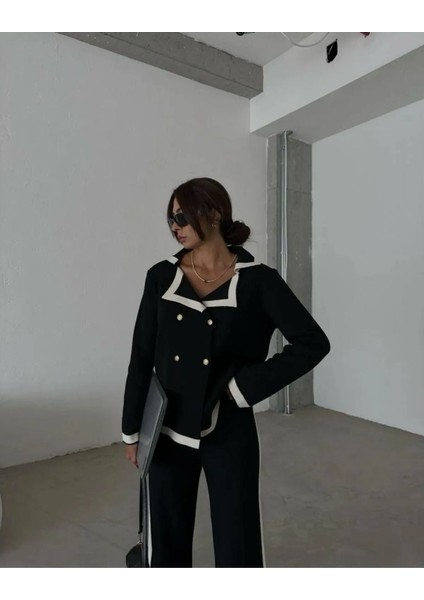 Akrilik Örme Krvaze Şerit ve Gold Düğmeli Kadın Triko Takım- Siyah fiyatları