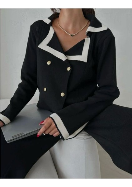 Akrilik Örme Krvaze Şerit ve Gold Düğmeli Kadın Triko Takım- Siyah modelleri