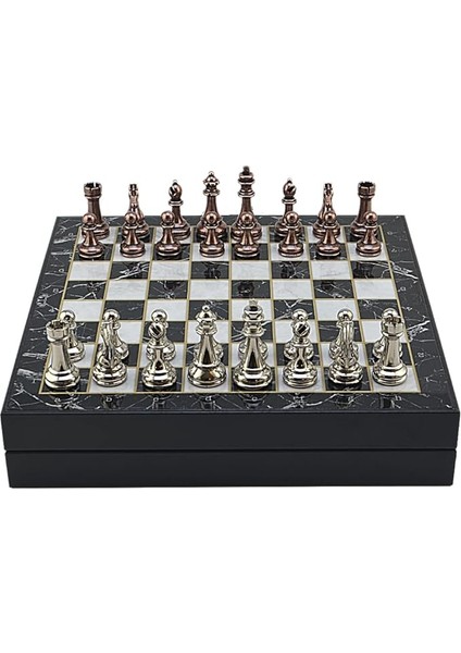 Büyük Boy Metal Klasik Satranç Tk. Antik ve Mermer Desenli Sandıklı Mdf TAHTASI(36X36 Cm.)