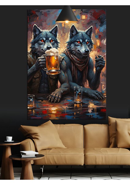 Bira Içen Kurtlar Dekoratif Kanvas - Mdf Ahşap Tablo
