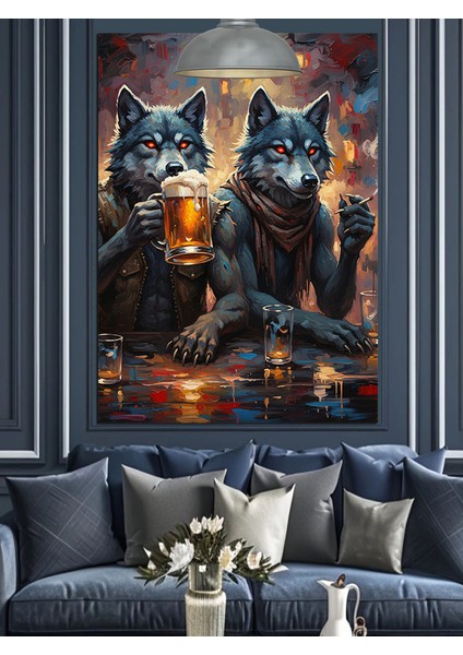 Bira Içen Kurtlar Dekoratif Kanvas - Mdf Ahşap Tablo modelleri