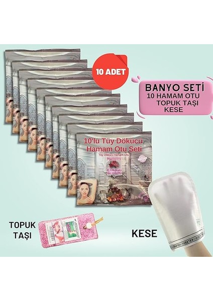 10 Paket Hamam Otu Toz Tüy Dökücü + Hamam Kesesi + Topuk Taşı Banyo Seti modelleri