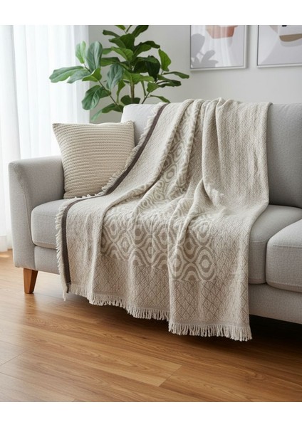 %100 Pamuk Kahve Bej Ikat Throw- Battaniye Örtü