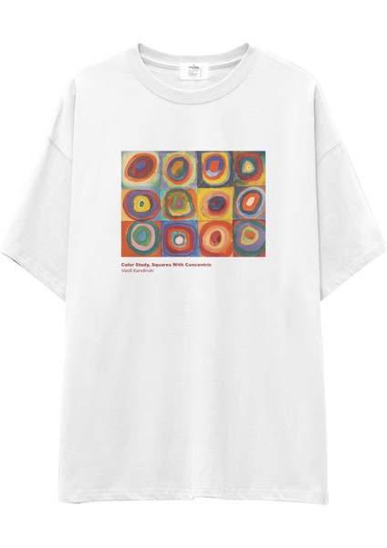 Color Study, Squares With Concentric Circles Oversize Tişört - Beyaz