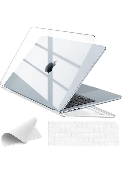 MacBook Air 13,6 ile Uyumlu M4 (A3240) M3 (A3113) M2 (A2681) 2022 2024 2025, Mac 13 Inç Case, Sert Plastik Koruyucu Kılıf + Klavye Koruması + Parlatma Bezi - Şeffaf Kristal