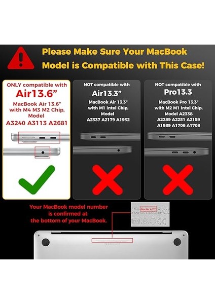 MacBook Air 13,6 ile Uyumlu M4 (A3240) M3 (A3113) M2 (A2681) 2022 2024 2025, Mac 13 Inç Case, Sert Plastik Koruyucu Kılıf + Klavye Koruması + Parlatma Bezi - Şeffaf Kristal fiyatları