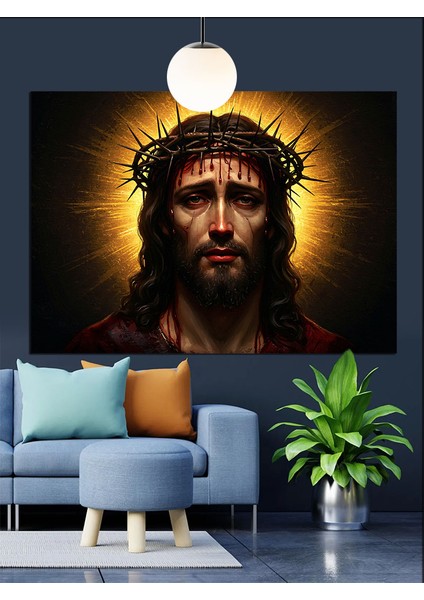 Parlak Taçlı Isa Mesih Portresi Dekoratif Kanvas - Mdf Ahşap Tablo