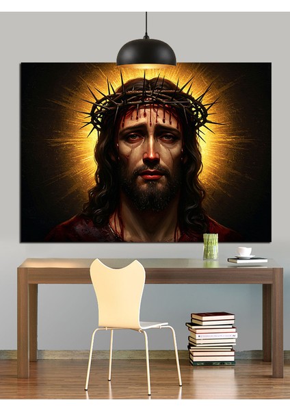 Parlak Taçlı Isa Mesih Portresi Dekoratif Kanvas - Mdf Ahşap Tablo indirimleri