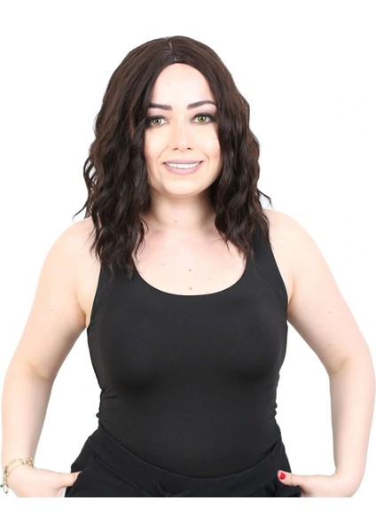 Fiber Sentetik Kısa Dalgalı Perçemsiz Peruk - Koyu Kahve