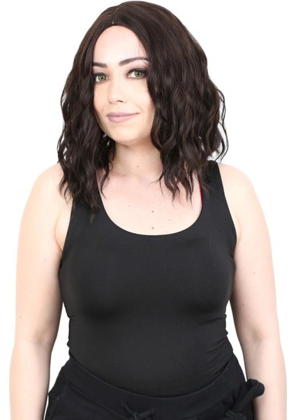 Fiber Sentetik Kısa Dalgalı Perçemsiz Peruk - Koyu Kahve modelleri