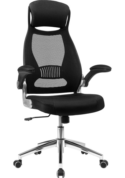 Ofis Koltuğu, Döner, Yönetici Koltuğu, Başlıklı Ofis Döner Koltuğu, Katlanabilir Kolçaklar, Sallanma Fonksiyonu, Siyah OBN86BK, 64 x 54 x (113-123) cm