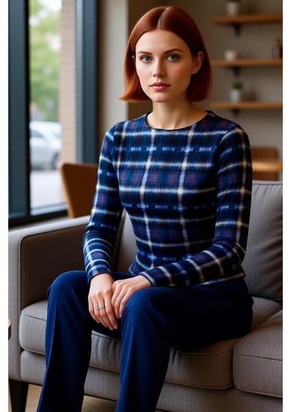 Genç Kadın Fitted Vücuda Oturan Ekose Desenli Bisiklet Yaka Uzun Kollu Üst Kaliteli Şık Rahat