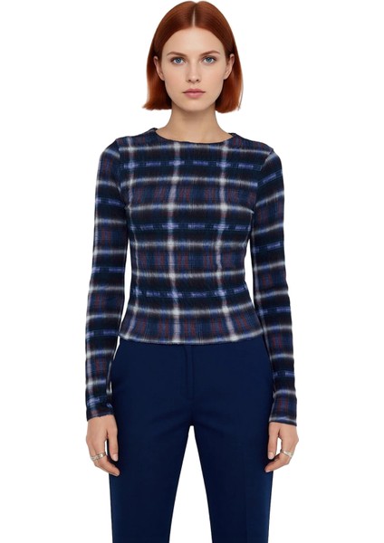 Genç Kadın Fitted Vücuda Oturan Ekose Desenli Bisiklet Yaka Uzun Kollu Üst Kaliteli Şık Rahat fiyatları