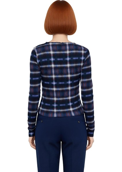 Genç Kadın Fitted Vücuda Oturan Ekose Desenli Bisiklet Yaka Uzun Kollu Üst Kaliteli Şık Rahat modelleri