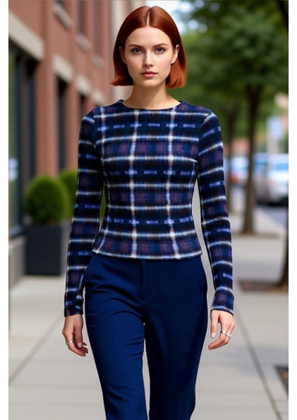 Genç Kadın Fitted Vücuda Oturan Ekose Desenli Bisiklet Yaka Uzun Kollu Üst Kaliteli Şık Rahat fırsatları