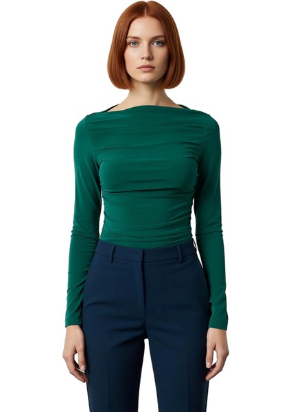 Stil Kadın Drapeli Vücuda Oturan Esnek Bluz Regular Örme Slim Kalıp