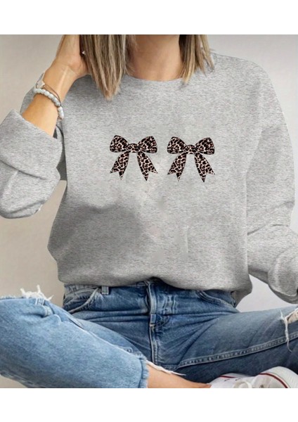 Punıx Büyük Beden Özel Üretim Çift Kurdele Baskılı Yuvarlak Yaka Oversize Kadın Şık Sweatshırt