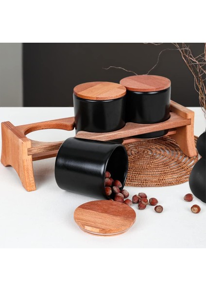 Mat Siyah Ege Ahşap Saklama Kabı 10 cm 3 Parça