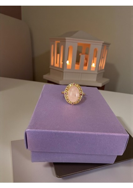 Pembe Kuvars Taşı Doğal Taş Ayarlamalı Gold Renk Yüzük