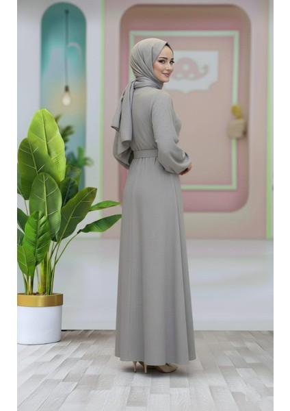Kemer Detaylı Lastik Kollu Uzun Tesettür Elbise modelleri