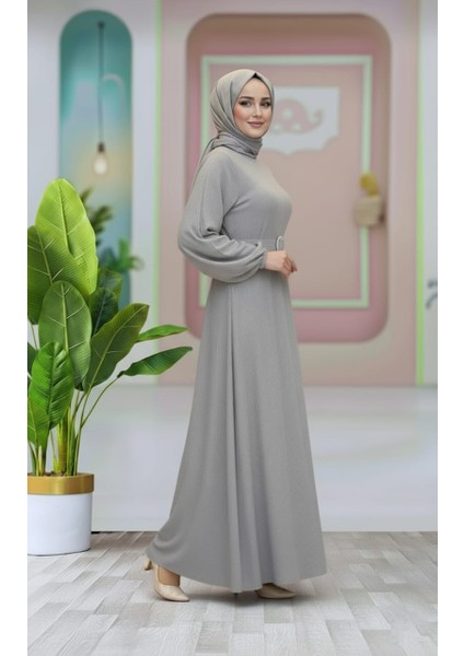 Kemer Detaylı Lastik Kollu Uzun Tesettür Elbise indirimleri