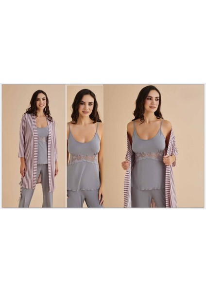 Kadın Gri-Pembe Penye Sabahlıklı Pijama Takımı W2.4.2.5dkukchss