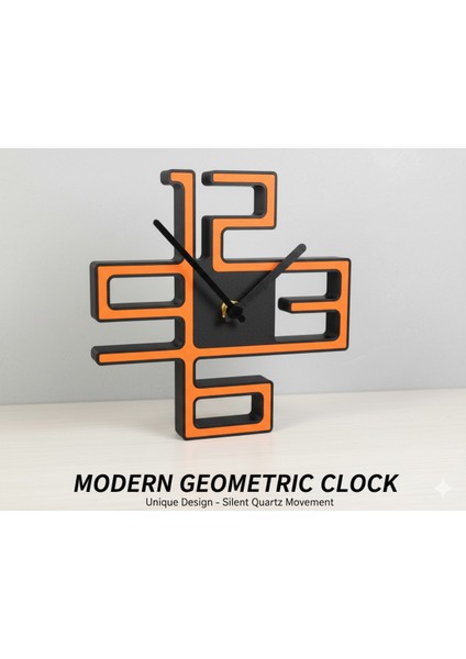 Modern Geometrik Masa Saati - Sessiz Akar Mekanizma - 3D Baskı Turuncu/siyah Tasarım