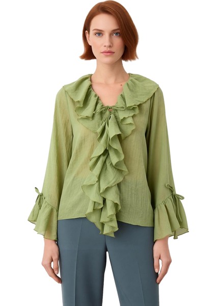 Kadın Vual Kumaşlı Uzun Kollu Bağcıklı Bluz Kaliteli Şık Rahat Modern Zarif Günlük