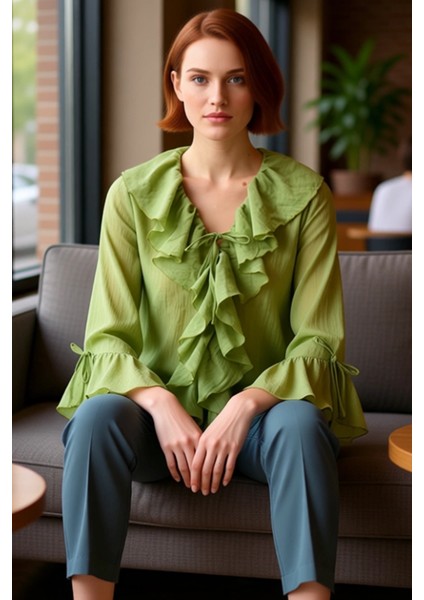 Kadın Vual Kumaşlı Uzun Kollu Bağcıklı Bluz Kaliteli Şık Rahat Modern Zarif Günlük fırsatları