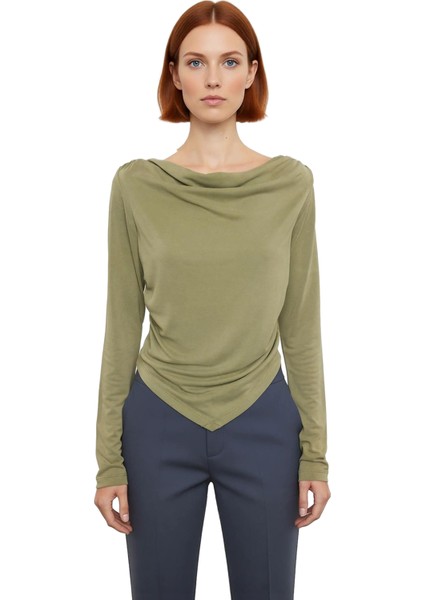 Kadın Moda Şık Regular Degaje Yaka Regular Kalıp Örme Modal Kumaş Drapeli Vatkalı Asimetrik Bluz fiyatları