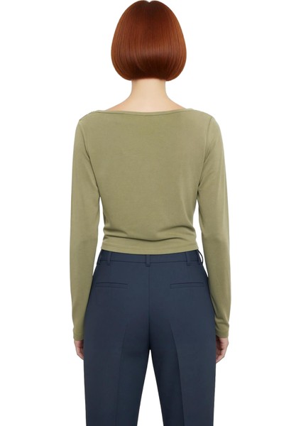 Kadın Moda Şık Regular Degaje Yaka Regular Kalıp Örme Modal Kumaş Drapeli Vatkalı Asimetrik Bluz modelleri