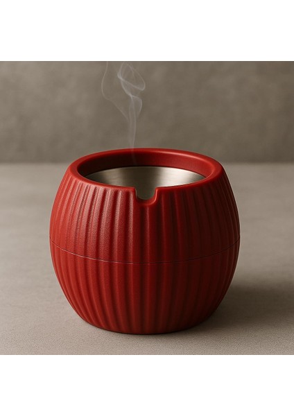 Store Dekoratif Içi Metal Hazneli Küllük, Rüzgar Geçirmez, Masa Üstü ve Bahçe Kullanımı, Şık Tasarım, Sigara Küllüğü (Kırmızı)