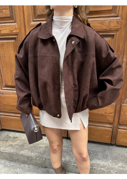 Oversıze Kadın Süet Ceket Trend Bomber Süet Ceket