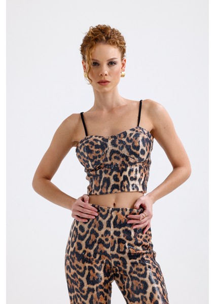 Gloplu Fermuarlı Pul Payet Bustiyer | BUS32675 Büyük Kızıl Leopar