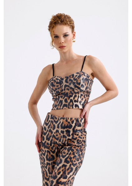 Gloplu Fermuarlı Pul Payet Bustiyer | BUS32675 Büyük Kızıl Leopar fiyatları