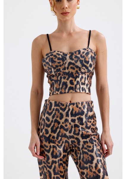 Gloplu Fermuarlı Pul Payet Bustiyer | BUS32675 Büyük Kızıl Leopar fırsatları