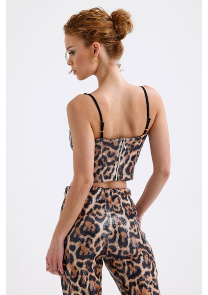 Gloplu Fermuarlı Pul Payet Bustiyer | BUS32675 Büyük Kızıl Leopar indirimleri