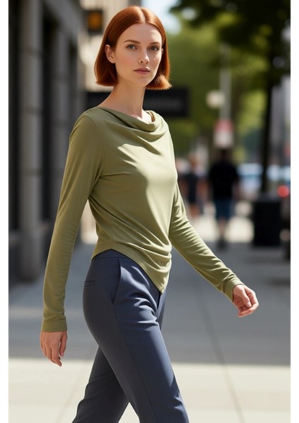 Kadın Asimetrik Kesim Degaje Yaka Drapeli Bluz Regular Kalıp Uzun Kollu Modal Kumaş Günlük Casual modelleri