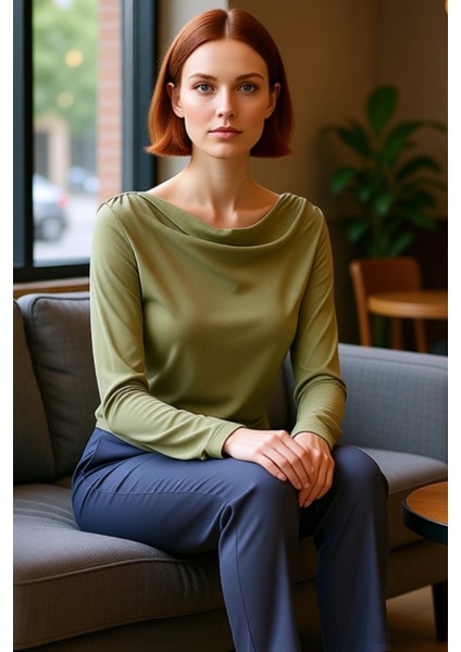 Kadın Asimetrik Kesim Degaje Yaka Drapeli Bluz Regular Kalıp Uzun Kollu Modal Kumaş Günlük Casual fırsatları