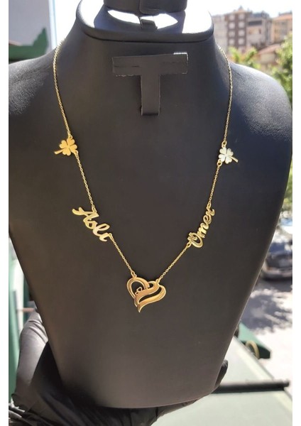 925 Ayar Gümüş 24 Ayar Altın Kaplama 2 Isimli Yonca ve Kalp Figürlü Kolye