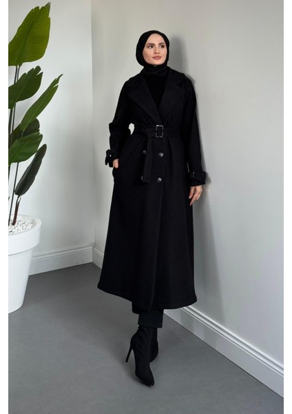 Eliane Astarlı Kemerli Kaşe Kaban Siyah